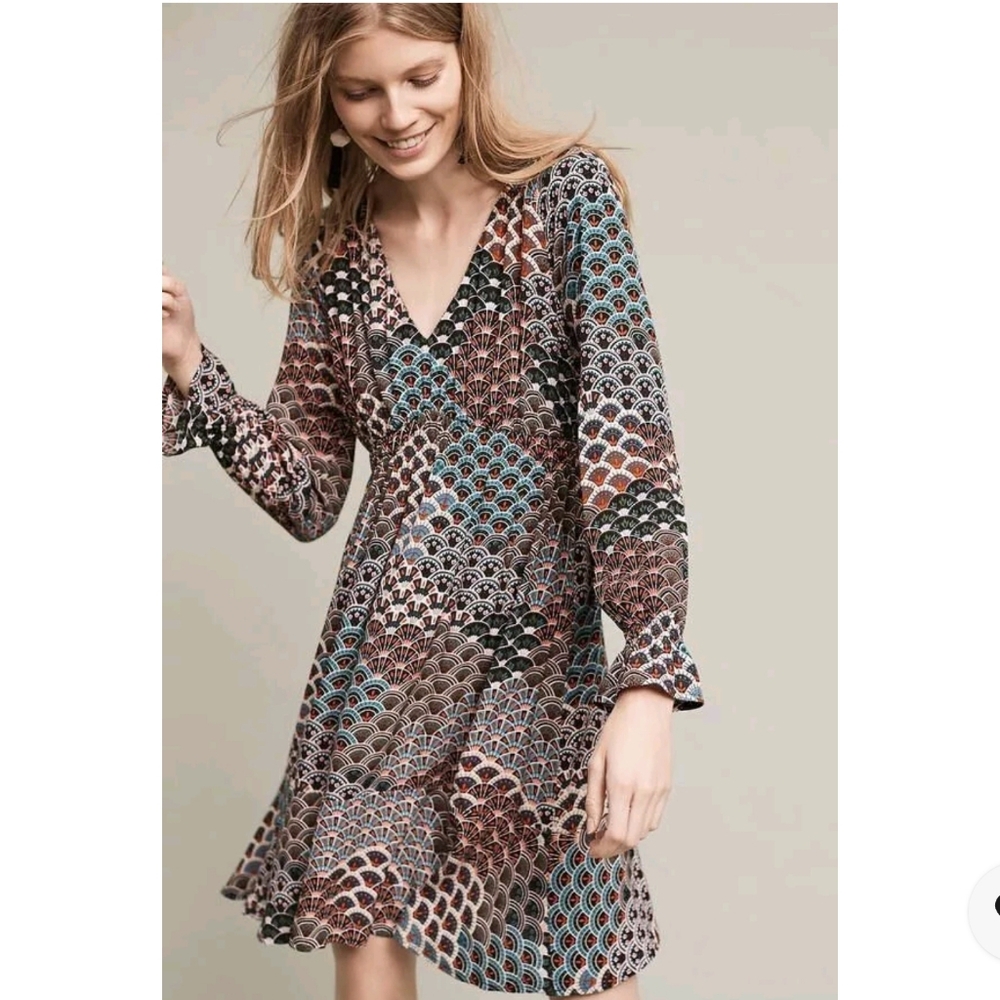 Anthropologie Maeve Monaco Print Long Sleeve Dress Multicolor Geometric XS